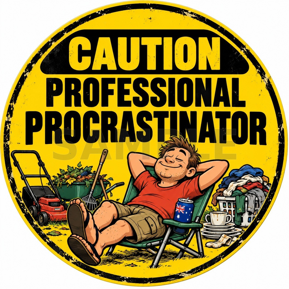 Caution Professional Procrastinator Funny Round Metal Sign Aussie Humour