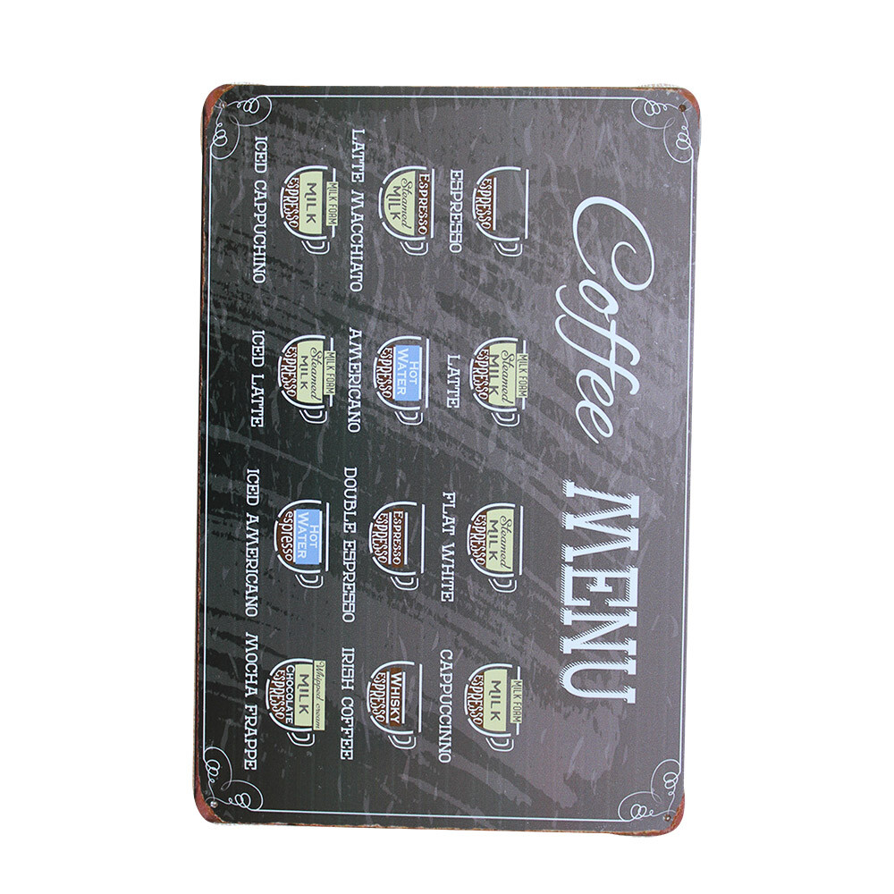 Metal Tin Sign COFFEE MENU 200x300mmVintage Rustic Garage, Bar & Man Cave - Tin Sign Factory Australia