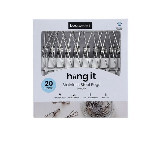 Packaging of 'hang it' stainless steel pegs by boxsweden