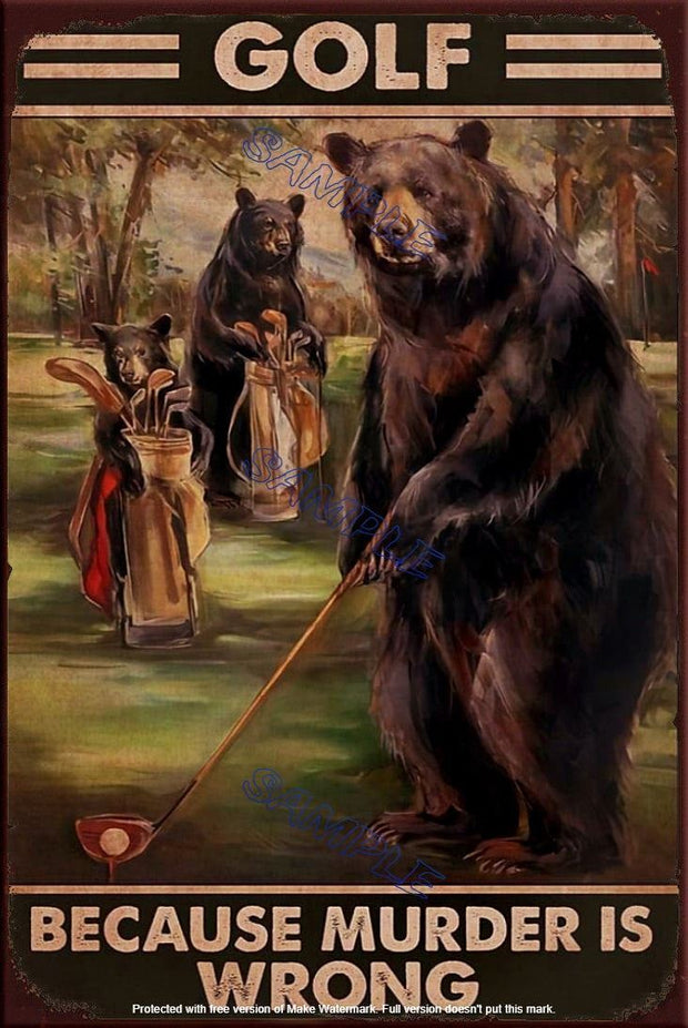 BEAR ON GOLF Retro/ Vintage Tin Metal Sign Man Cave, Wall Home Décor, Shed-Garag