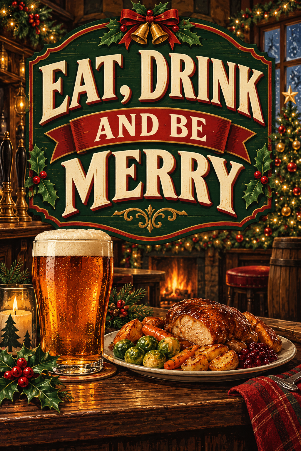 Eat Drink & Be Merry Man Cave Christmas Holiday Garage Bar & Shed Metal Sign