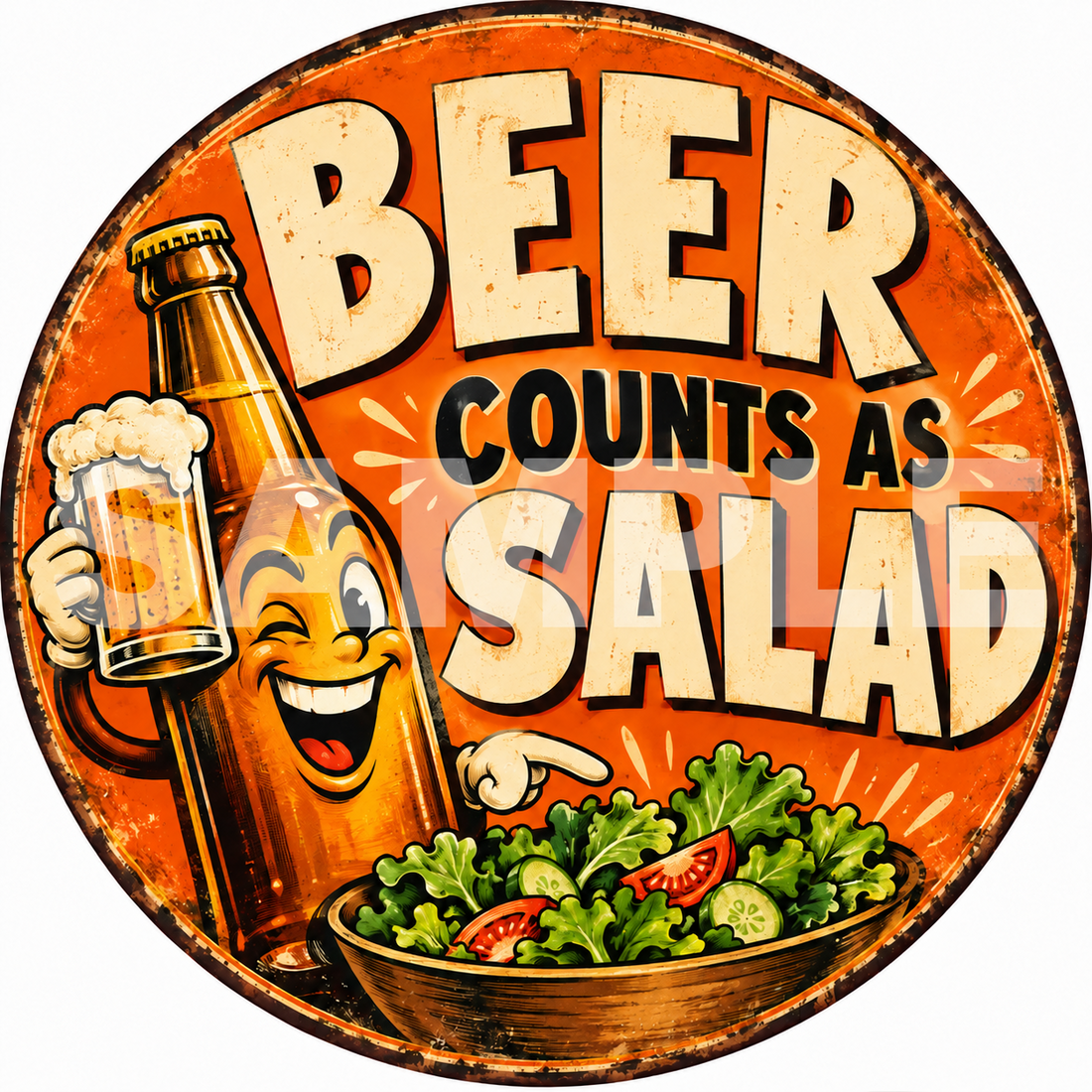 Beer Counts As Salad Round Metal Sign Funny Bar Pub Man Cave Wall Decor