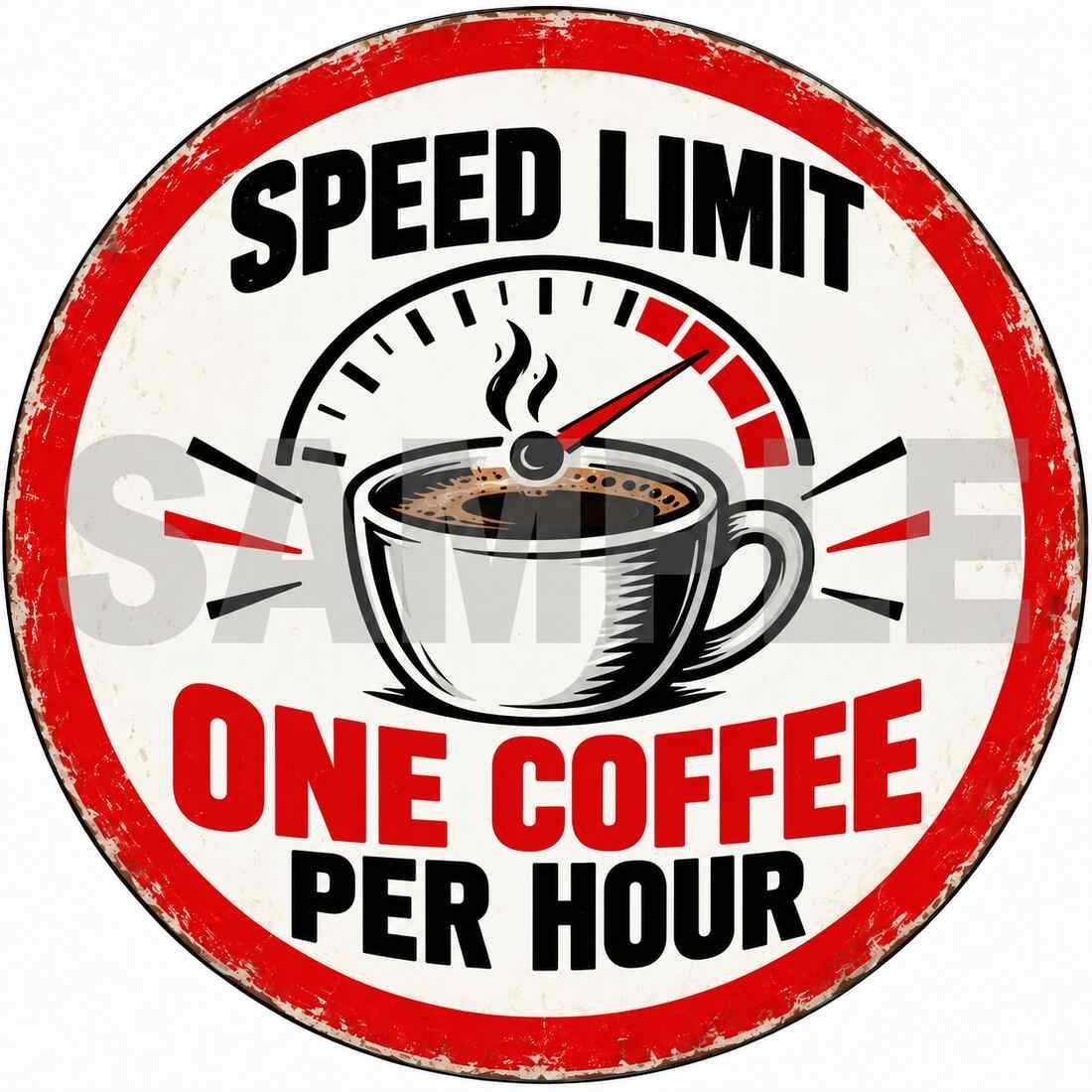 One Coffee Per Hour Funny Round Metal Sign Garage Man Cave Decor