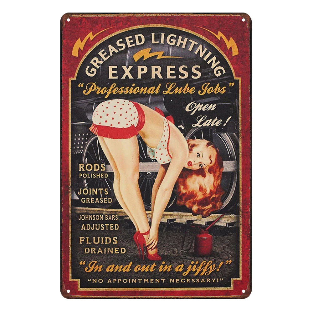 3x Pin Up Girl Greased Lightning Express Sexy Rustic Metal Sign