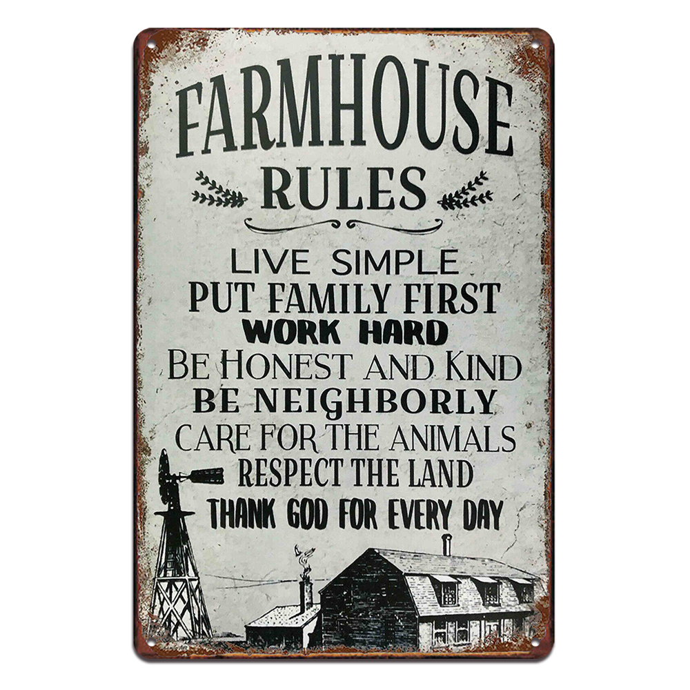 FARMHOUSE RULES WORK HARD Tin Metal Sign Rustic Look Vintage Man Cave - Tin Sign Factory Australia