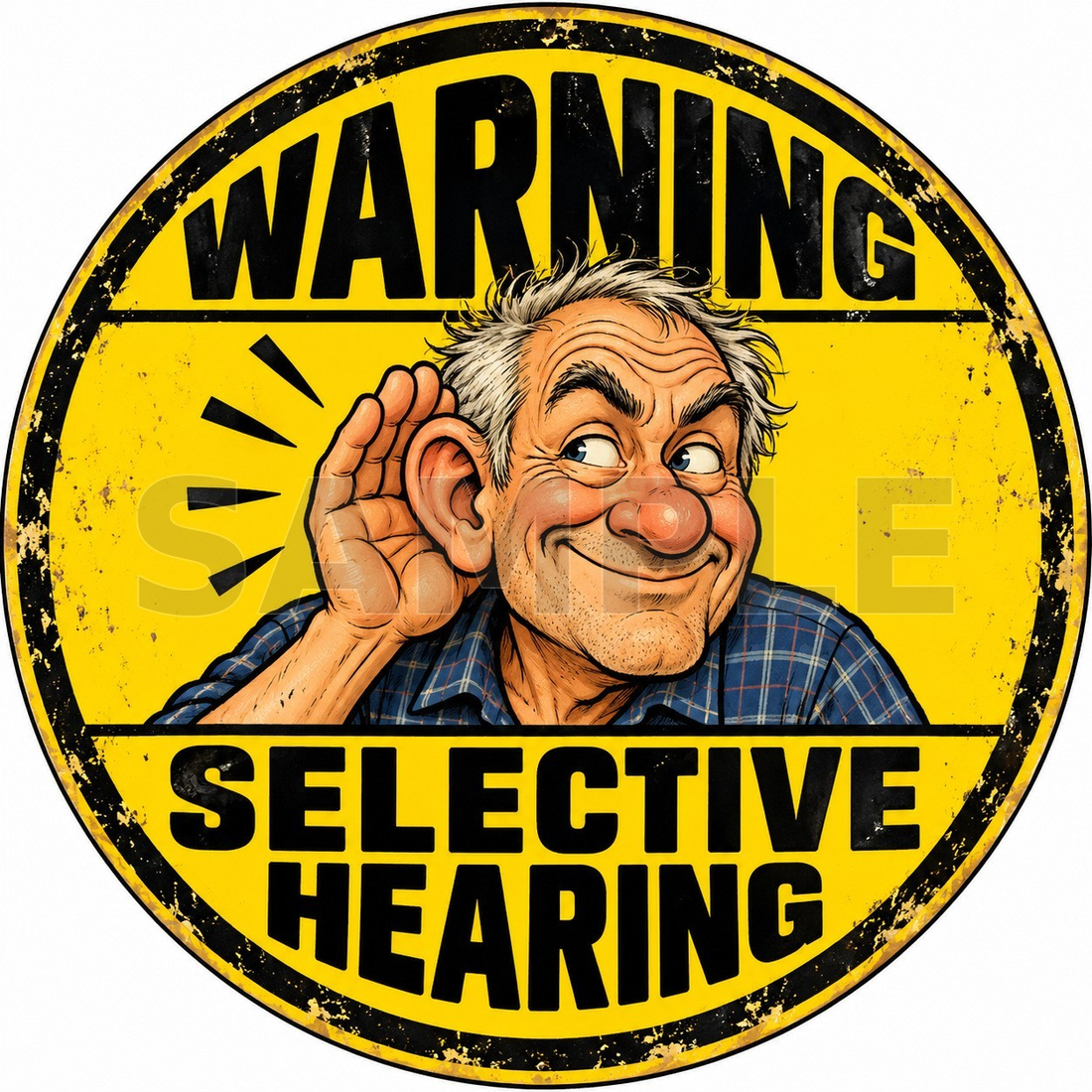 Warning Selective Hearing Funny Round Metal Sign Humorous Man Cave Decor