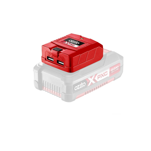 Red and white battery pack with 'ozito X PXC' branding 