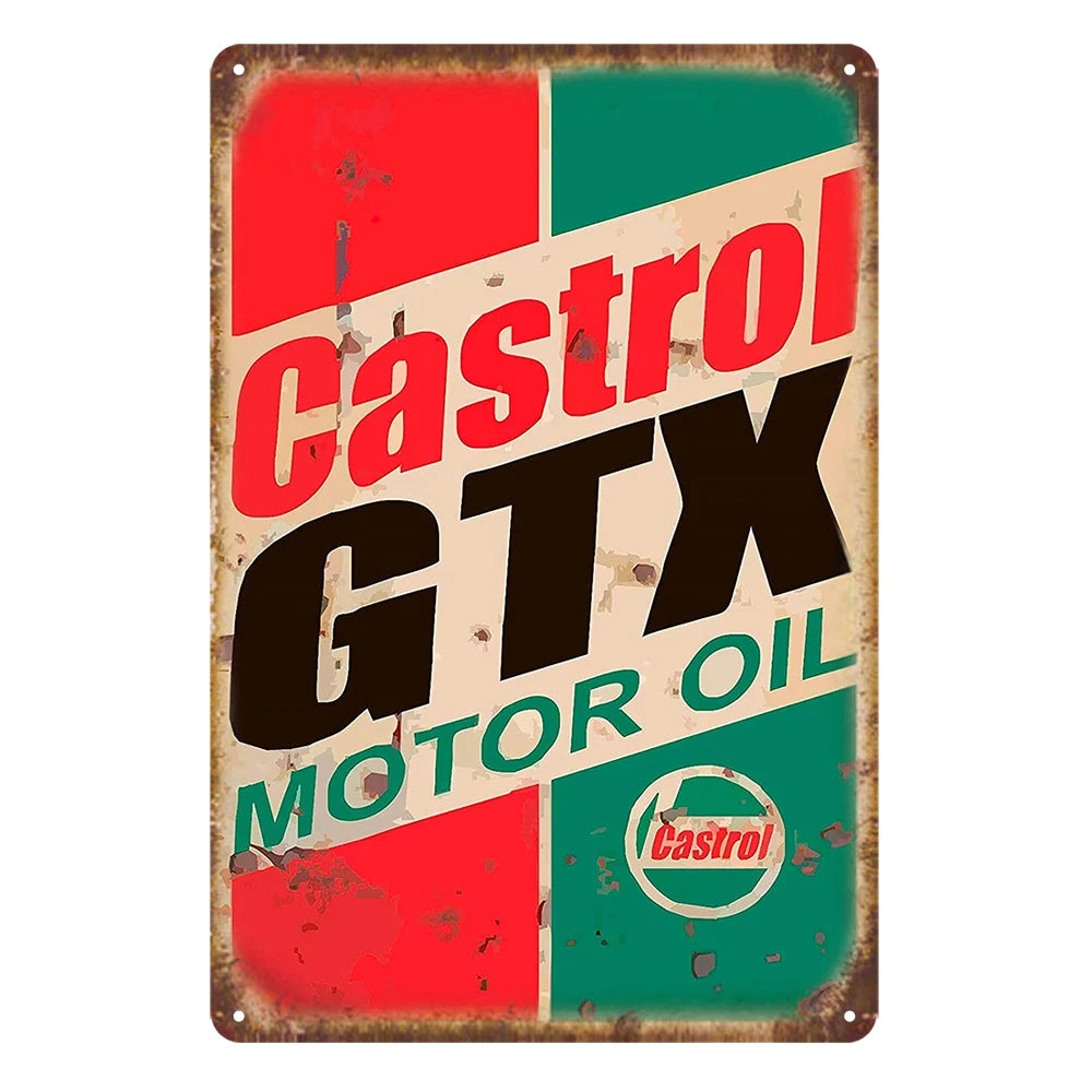 2x Castrol Gtx Motor Oil Rustic Metal Sign Vintage Tin Decorative Bar