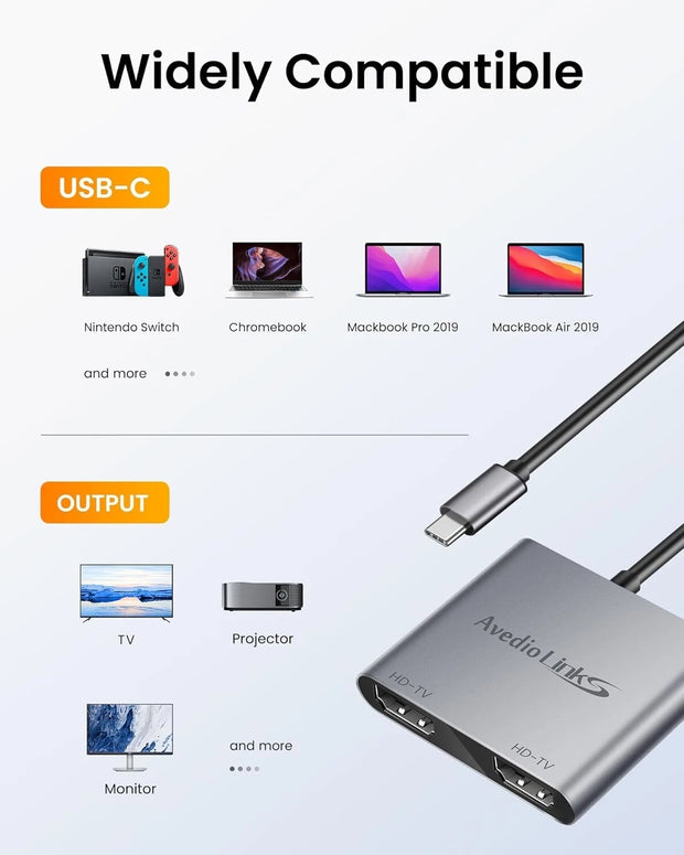 USB C to Dual HDMI Adapter 4K@60Hz Type C Splitter for Dual Monitors 30Hz Extend