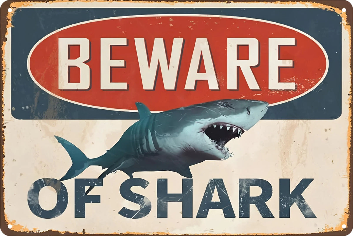 Warning Beware of Shark Beach Swimming Pool Retro Tin Sign 20x30cm