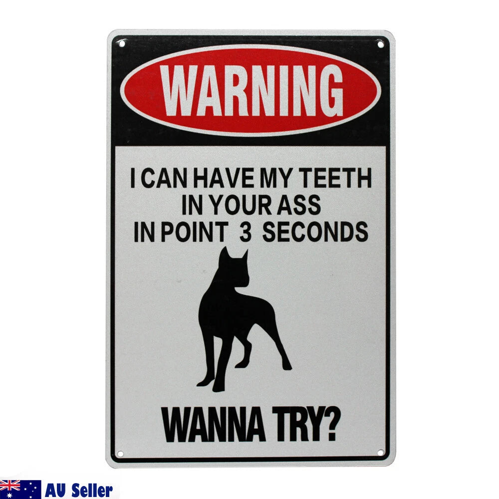 2x Warning Wanna Try Sign Teeth in Point 3 Seconds 200x300mm Metal