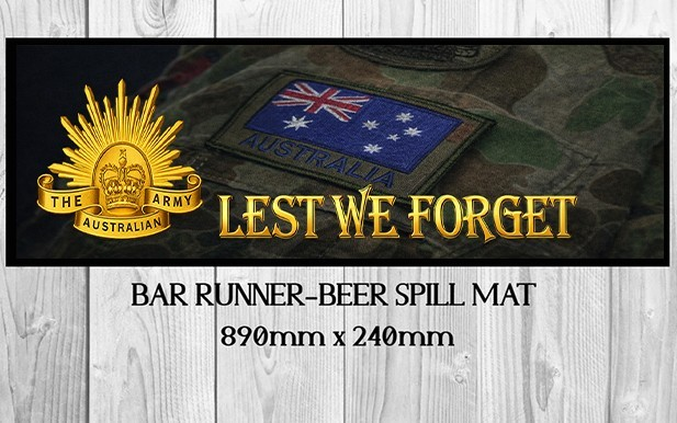 LEST WE FORGET (890mm X 240mm) Non-Slip Rubber Mat Man Cave Shed Pub Bar Runner - Tin Sign Factory Australia