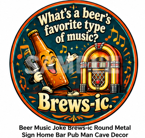 Beer Music Joke Brews-ic Round Metal Sign Home Bar Pub Man Cave Decor
