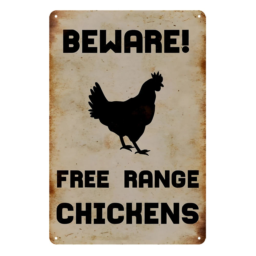 2x Beware! Free Range Chickens Rustic Metal Sign Vintage Tin Shed