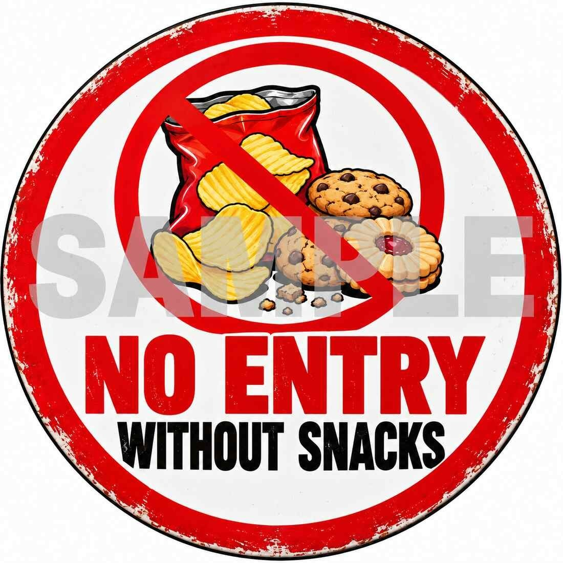 No Entry Without Snacks Funny Round Metal Sign Garage Man Cave Decor