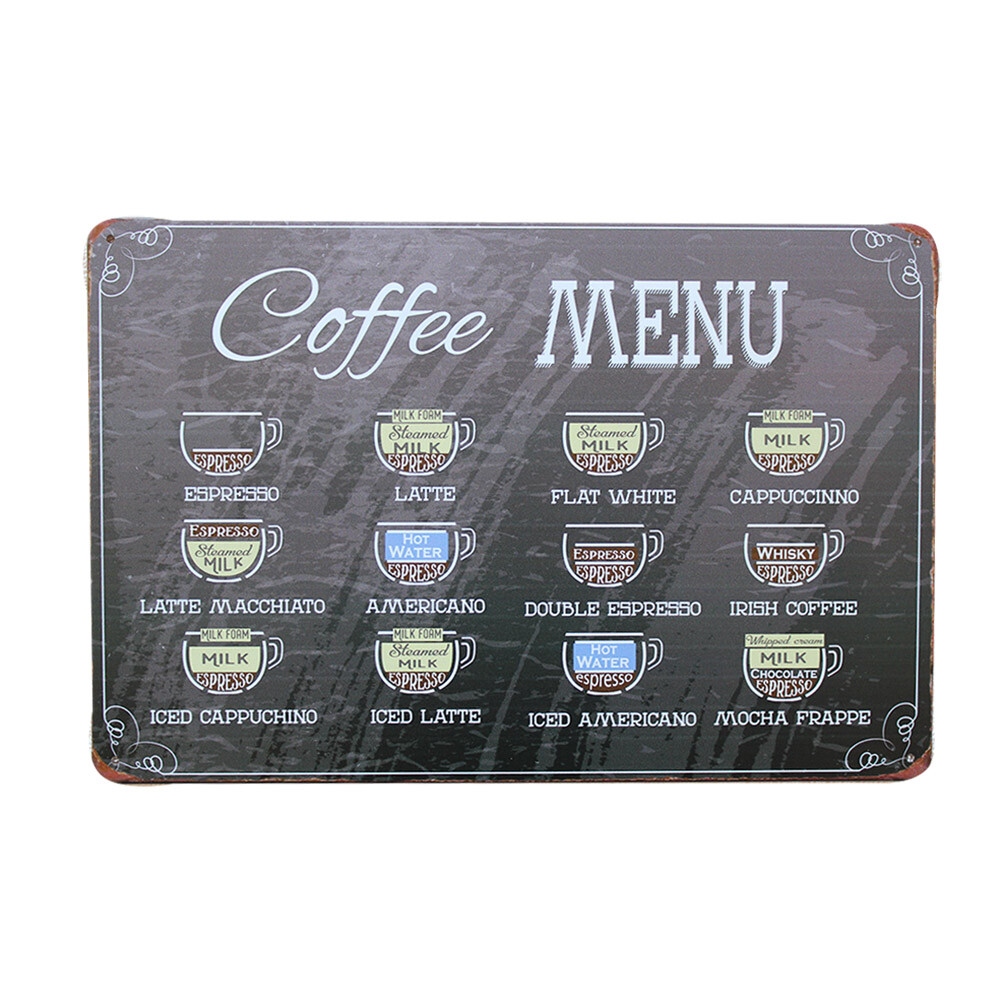 Metal Tin Sign COFFEE MENU 200x300mmVintage Rustic Garage, Bar & Man Cave - Tin Sign Factory Australia