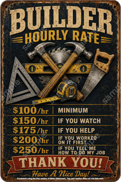 Funny Builder Hourly Rate Metal Tin Sign Rustic Vintage Workshop Garage Wall