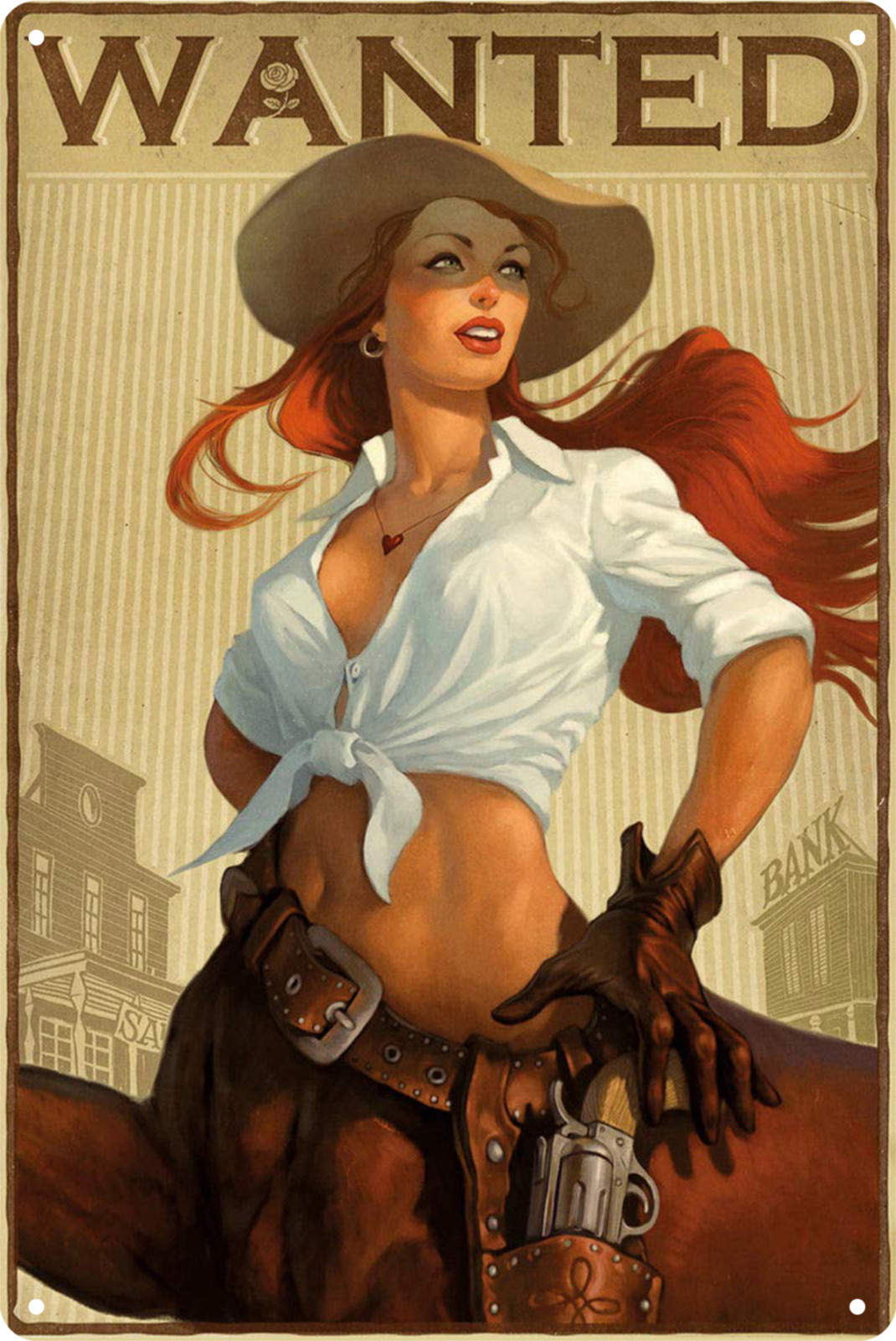 Wanted Redhair Cowgirl Pin Up Girl Tin Sign Rustic Vintage Retro 20x30cm product image