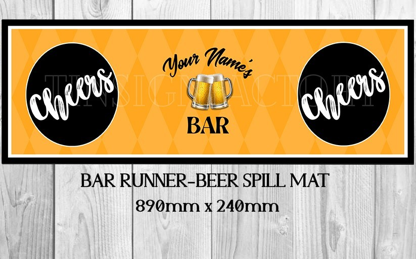 PERSONALISED (890mm X 240mm) Non-Slip Rubber Mat Man Cave Shed Beer Bar Runner