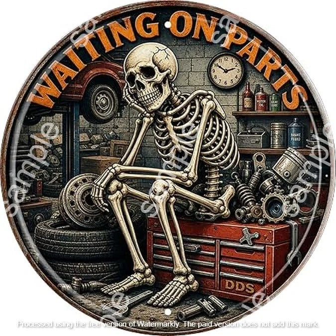 Skeleton Mechanic 40 cm round aluminium sign