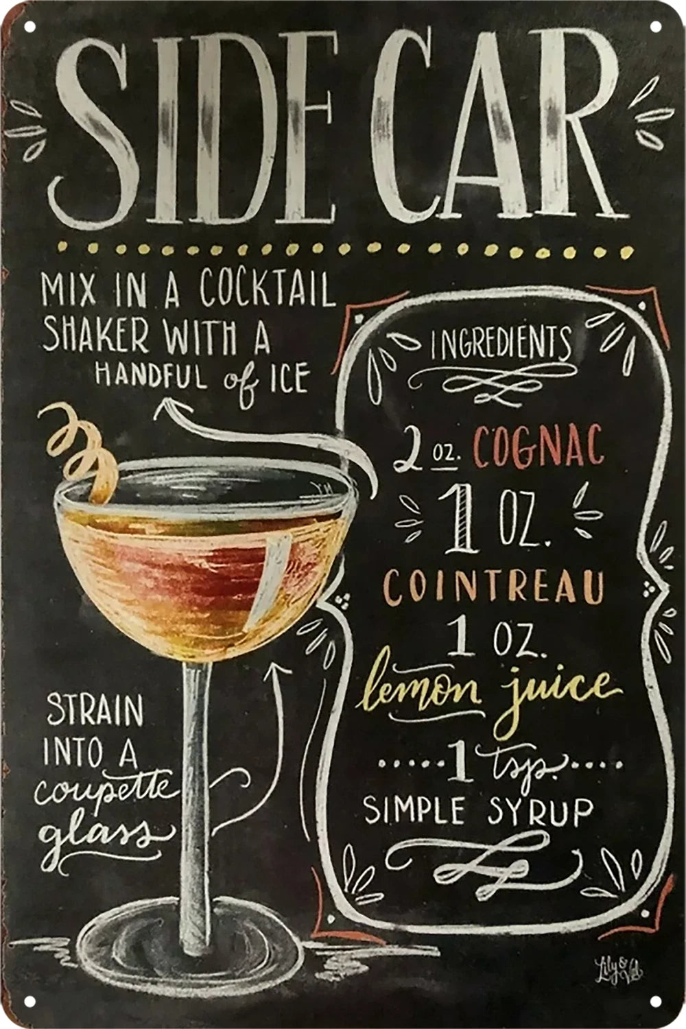 2x Sidecar Recipe Cocktail Bar Tin Metal Sign Rustic Look Vintage