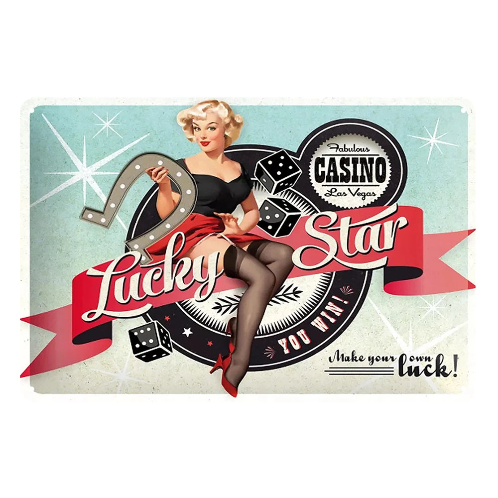 2x Pin Up Girl Lucky Star Casino Rustic Metal Sign Vintage Tin