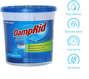 DampRid moisture absorber container with blue and white design 