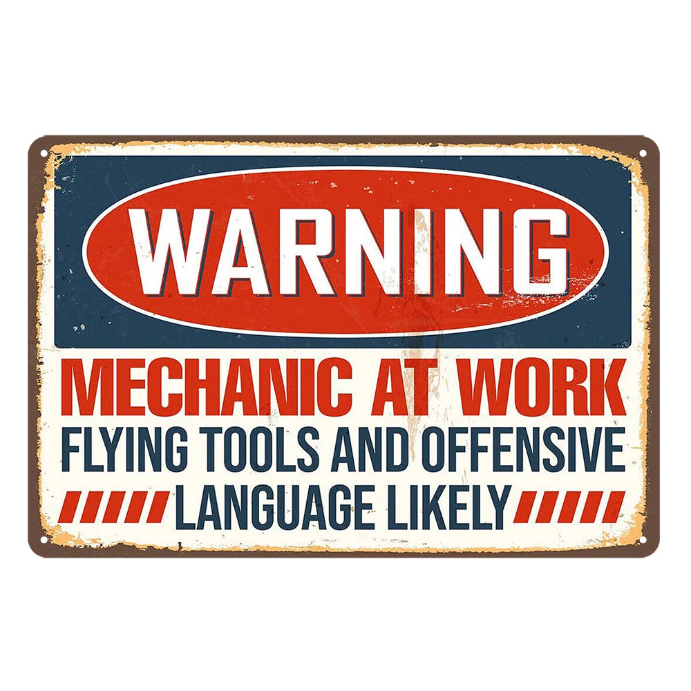 Warning Mechanic at Work Rustic Metal Sign Vintage Tin Decorative Bar
