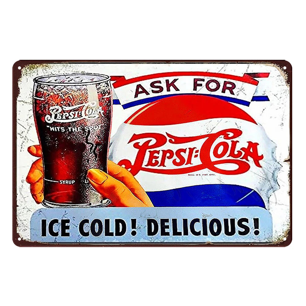 3x Pepsi Cola Ask for Ice Cold Delicious Rustic Metal Sign Vintage Tin