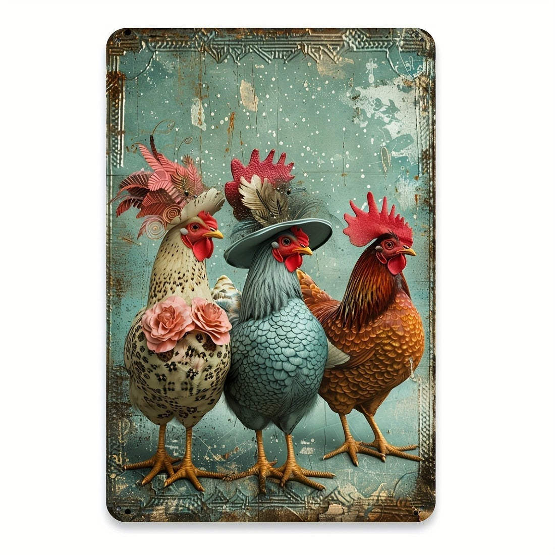 Vintage Metal Sign Dressed-Up Chickens Farmhouse Wall Decor Kitchen Home