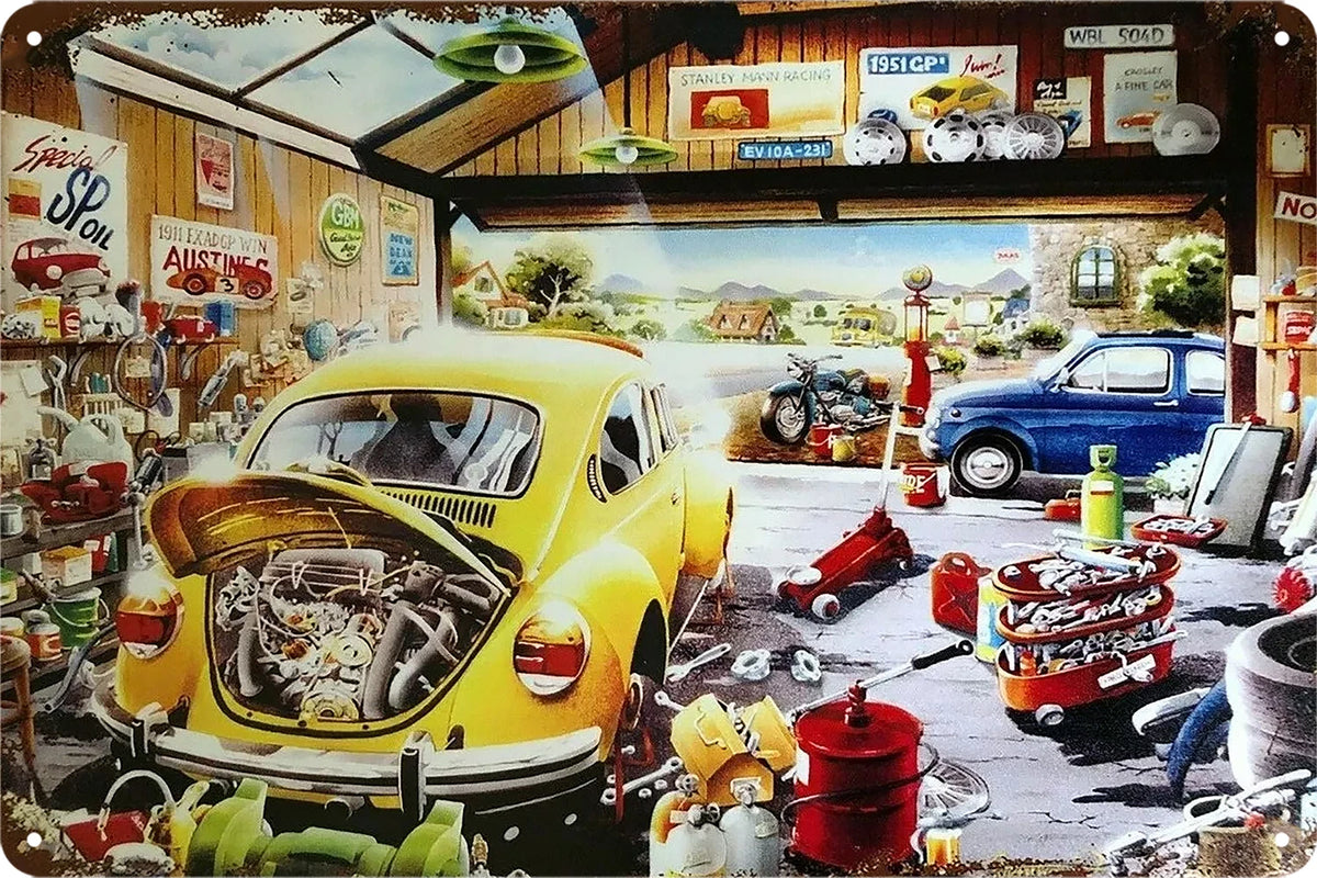 2x Buffalo Games Cartoon World Sam's Garage Tin Metal Sign Rustic