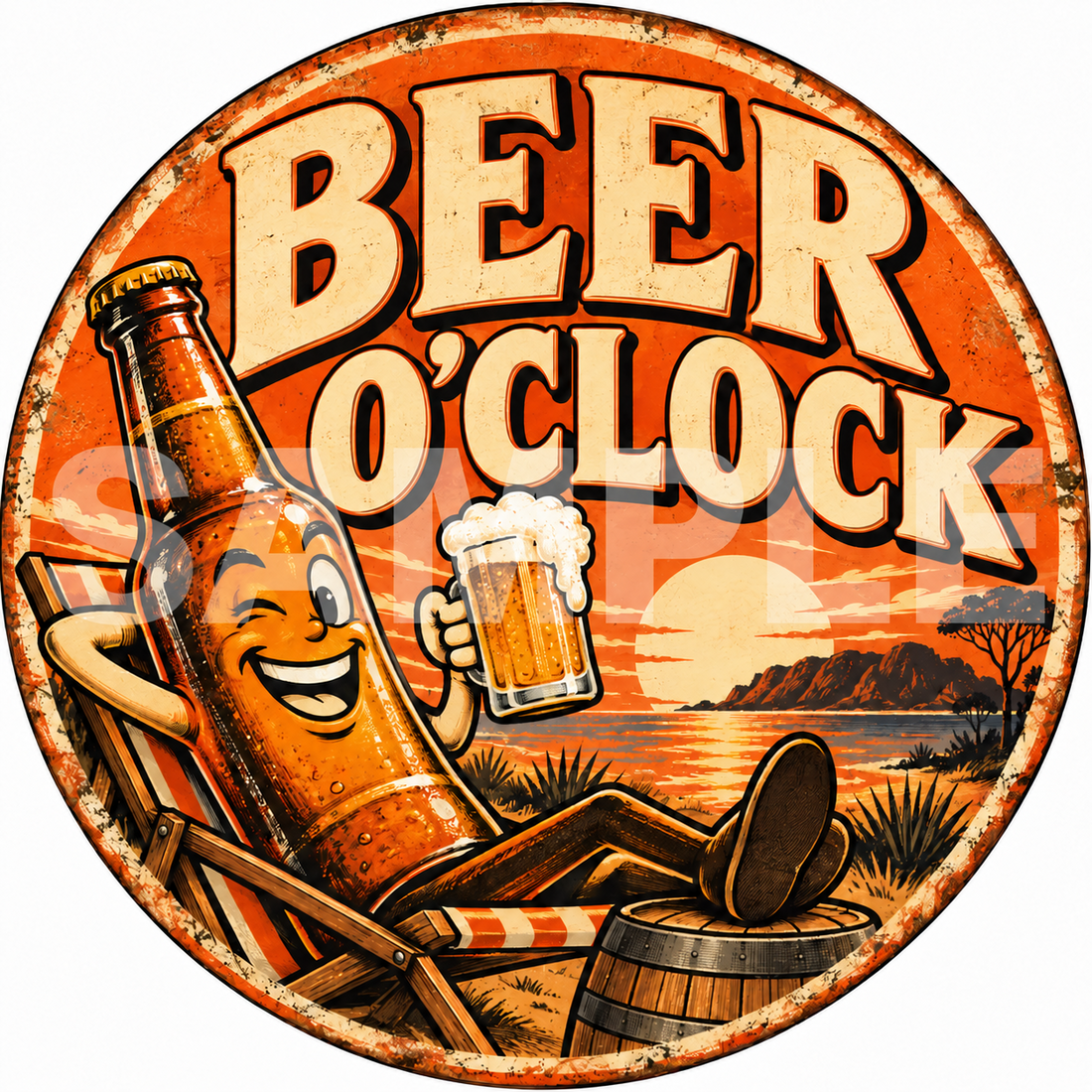 Beer O'Clock Round Metal Sign Funny Beer Bar Pub Man Cave Wall Decor