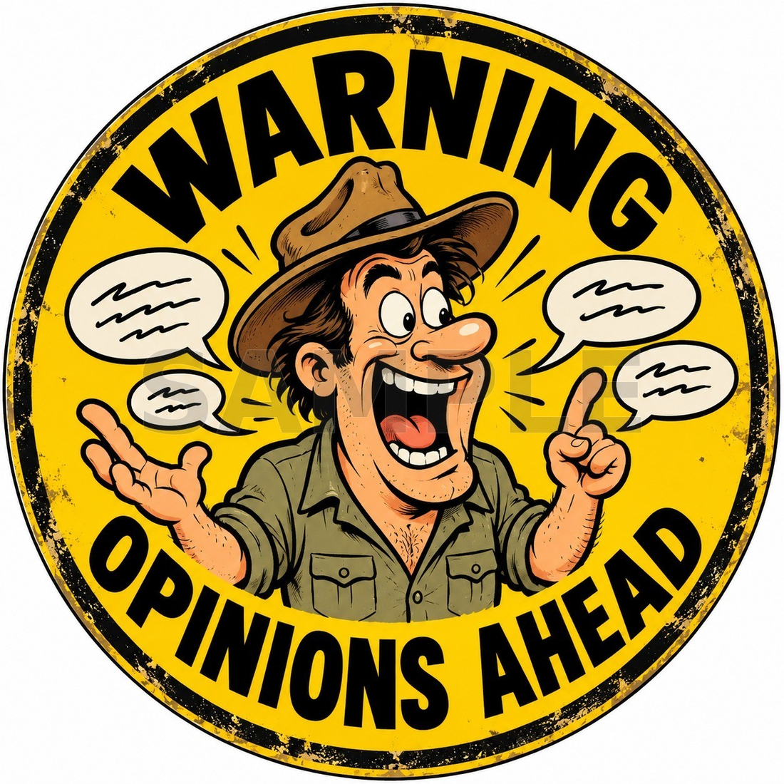Warning Opinions Ahead Funny Round Metal Sign Man Cave Pub Bar Decor