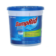 DampRid moisture absorber container with blue and white design 