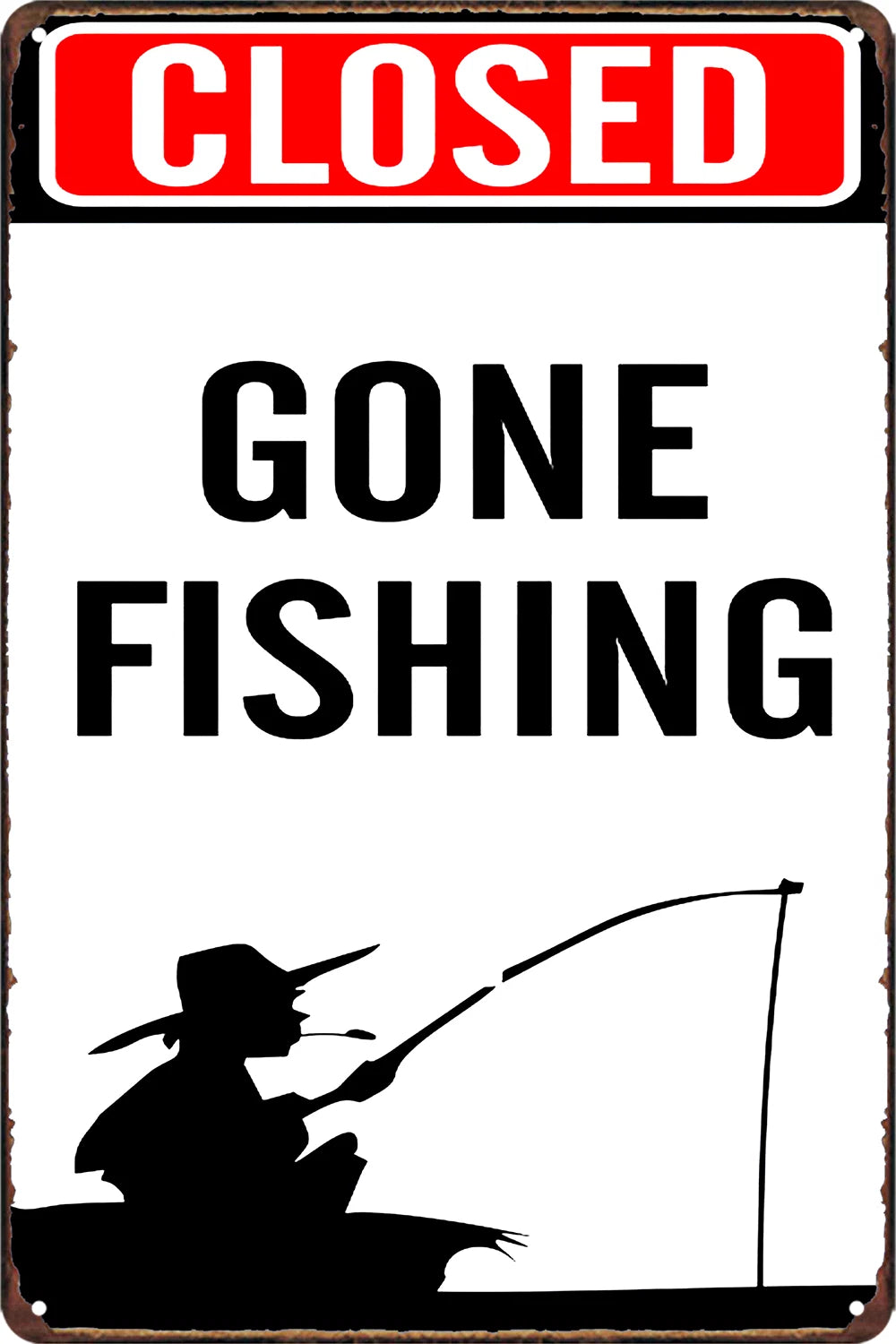 2x Closed Gone Fishing Notice Tin Metal Sign Rustic Look Vintage