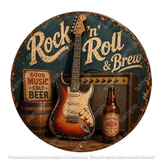 ROCK N ROLL & BREW 40 cm round aluminium sign