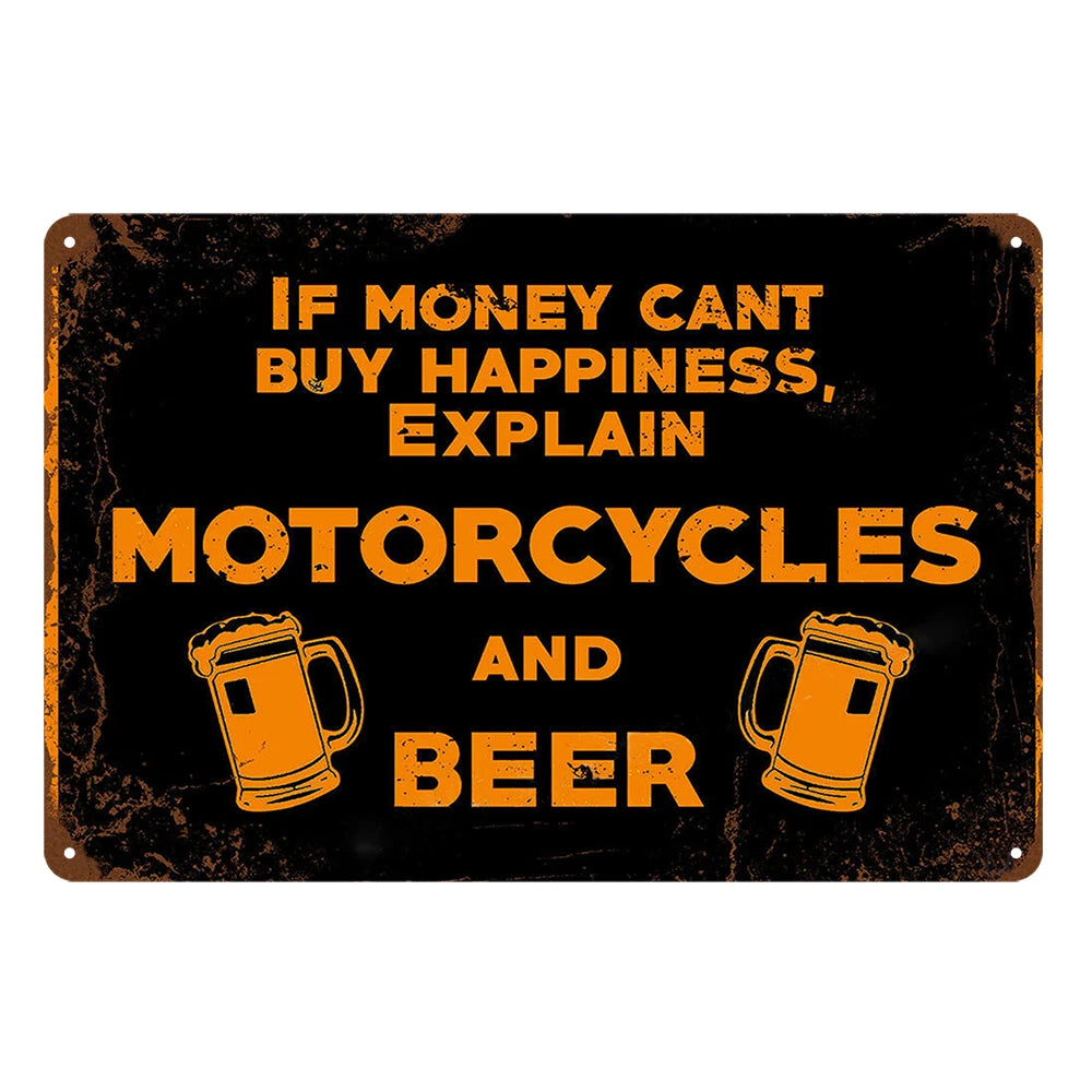 3x Motorcycles and Beer Money Can’t Buy Happiness Rustic Sign Vintage