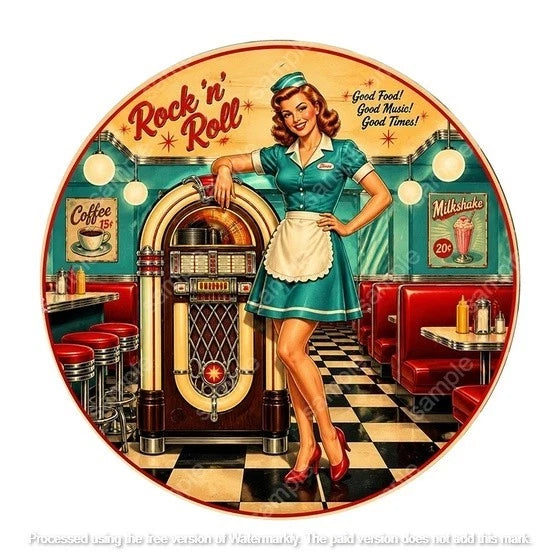 ROCK & ROLL PINUP 40 cm round aluminium sign