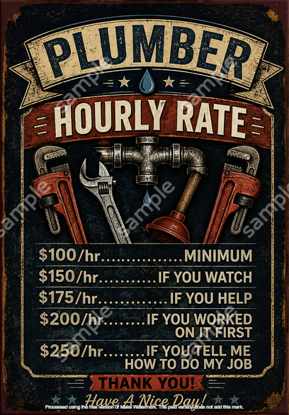 Funny Plumber Hourly Rate Metal Tin Sign Plumbing Garage Workshop Wall Decor - Tin Sign Factory Australia