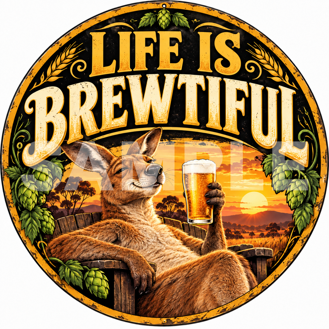 Life Is Brewtiful Kangaroo Round Metal Sign Funny Beer Bar Man Cave Decor