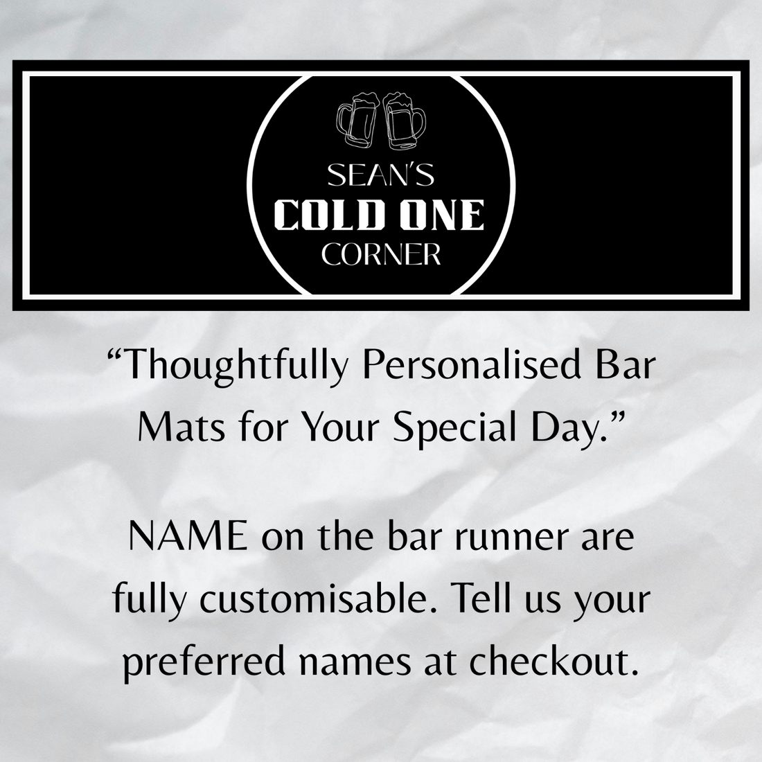 CUSTOM NAME BAR RUNNER (890mm X 240mm) Cold One Corner Home Man Cave Bar Mat