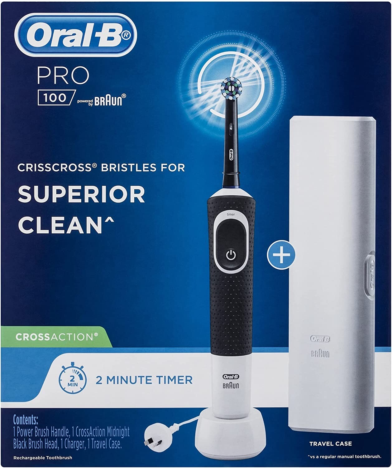 Oral-B PRO 100 CROSSACTION Rechargeable Electric Toothbrush Midnight Black - Tin Sign Factory Australia