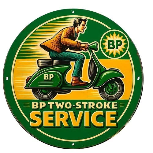 BP Two Stroke Service 40 cm round aluminium sign
