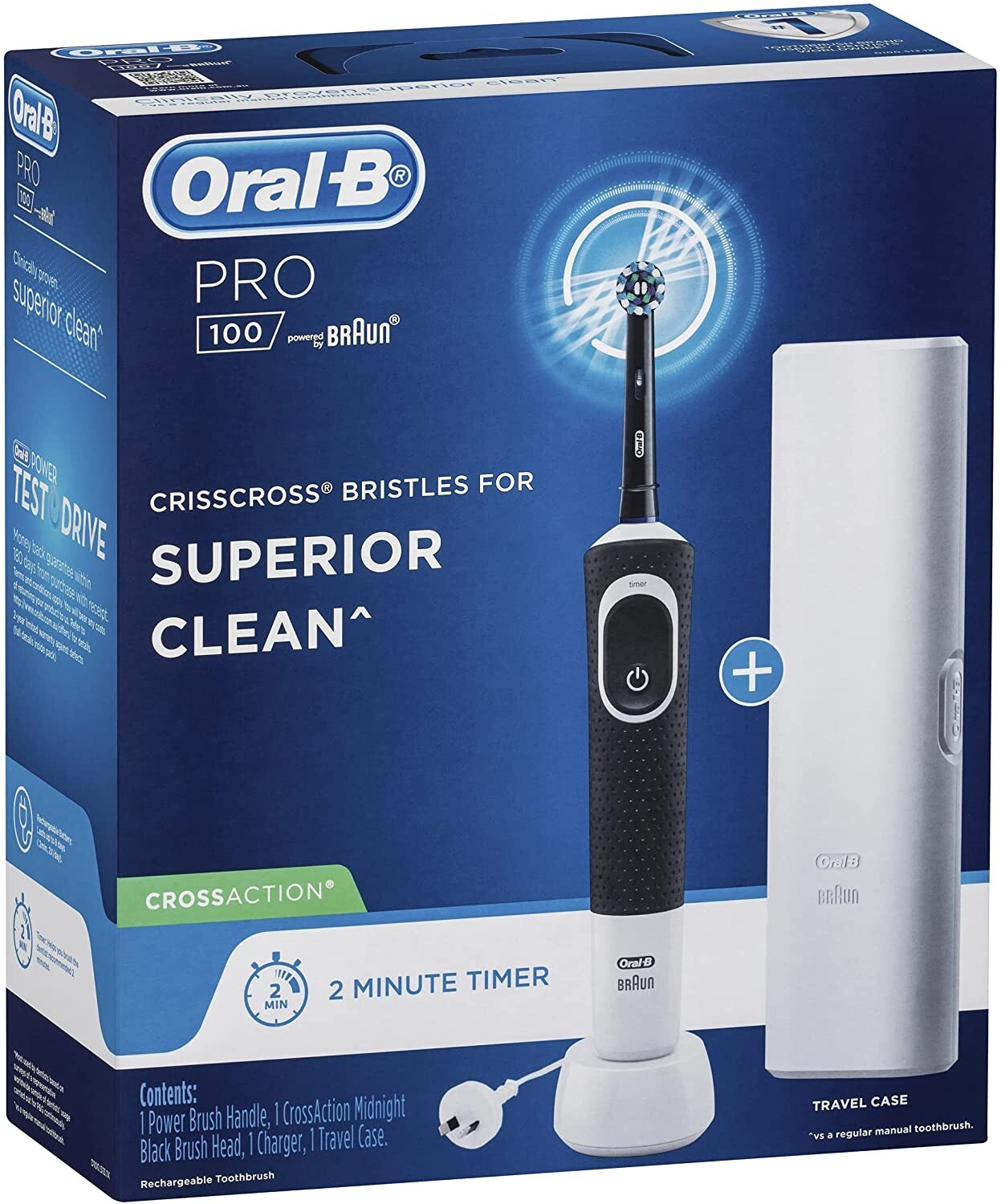 Oral-B PRO 100 CROSSACTION Rechargeable Electric Toothbrush Midnight Black - Tin Sign Factory Australia