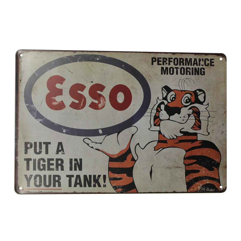 2x Warning Tin Sign Esso Put a Tiger in Your Tank Motoring 300*200mm