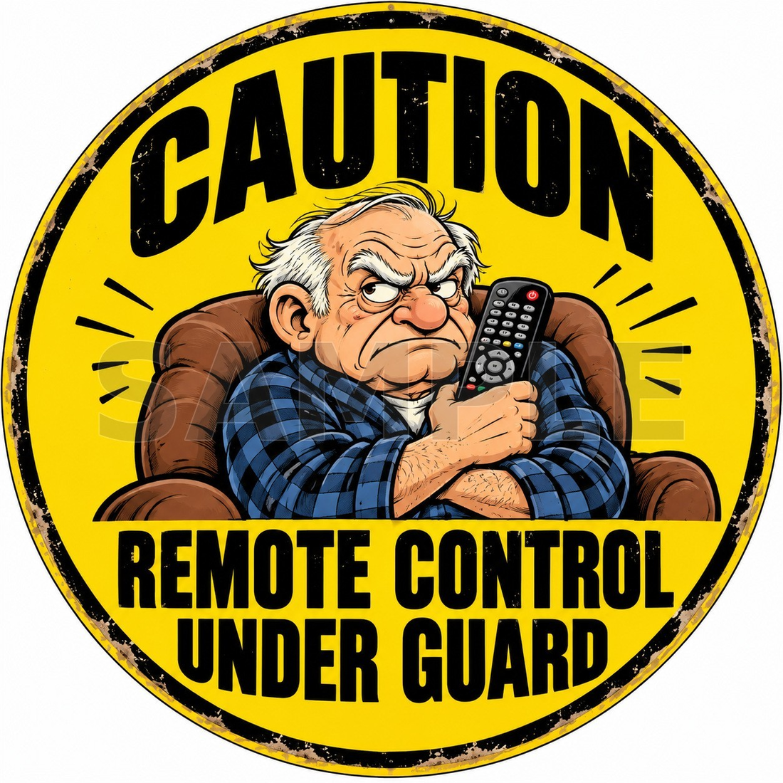 Caution Remote Control Under Guard Funny Round Metal Sign Grandpa Gift