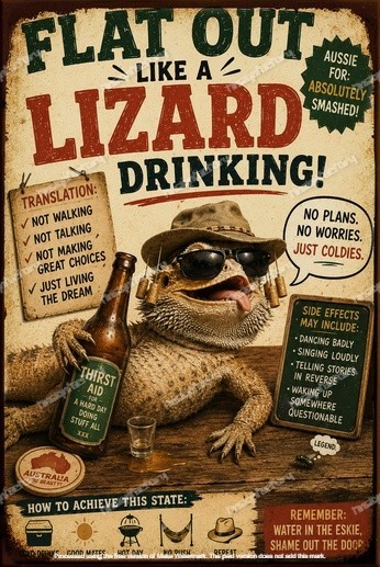 FLAT OUT LIKE A LIZARD DRINKING Shed Garage Bar Shop Wall Funny Tin Metal Sign - Tin Sign Factory Australia
