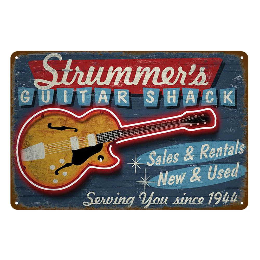 3x Strum Strummer Guitar Shack Music 1944 Rustic Metal Sign Vintage