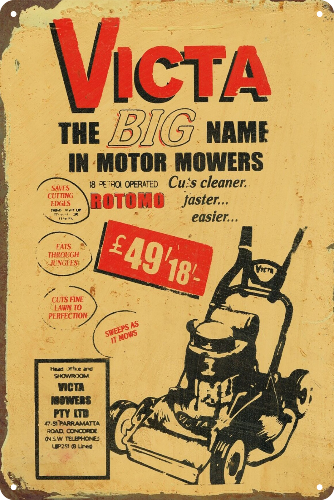 Victa The Big Name In Motor Mowers Tin Sign Rustic Look Retro 20x30cm product image