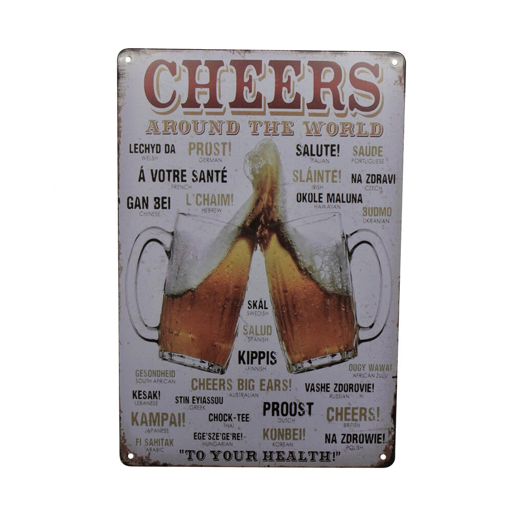 2x Warning Tin Sign Cheers Around the World Beer Drink 300*200mm Metal